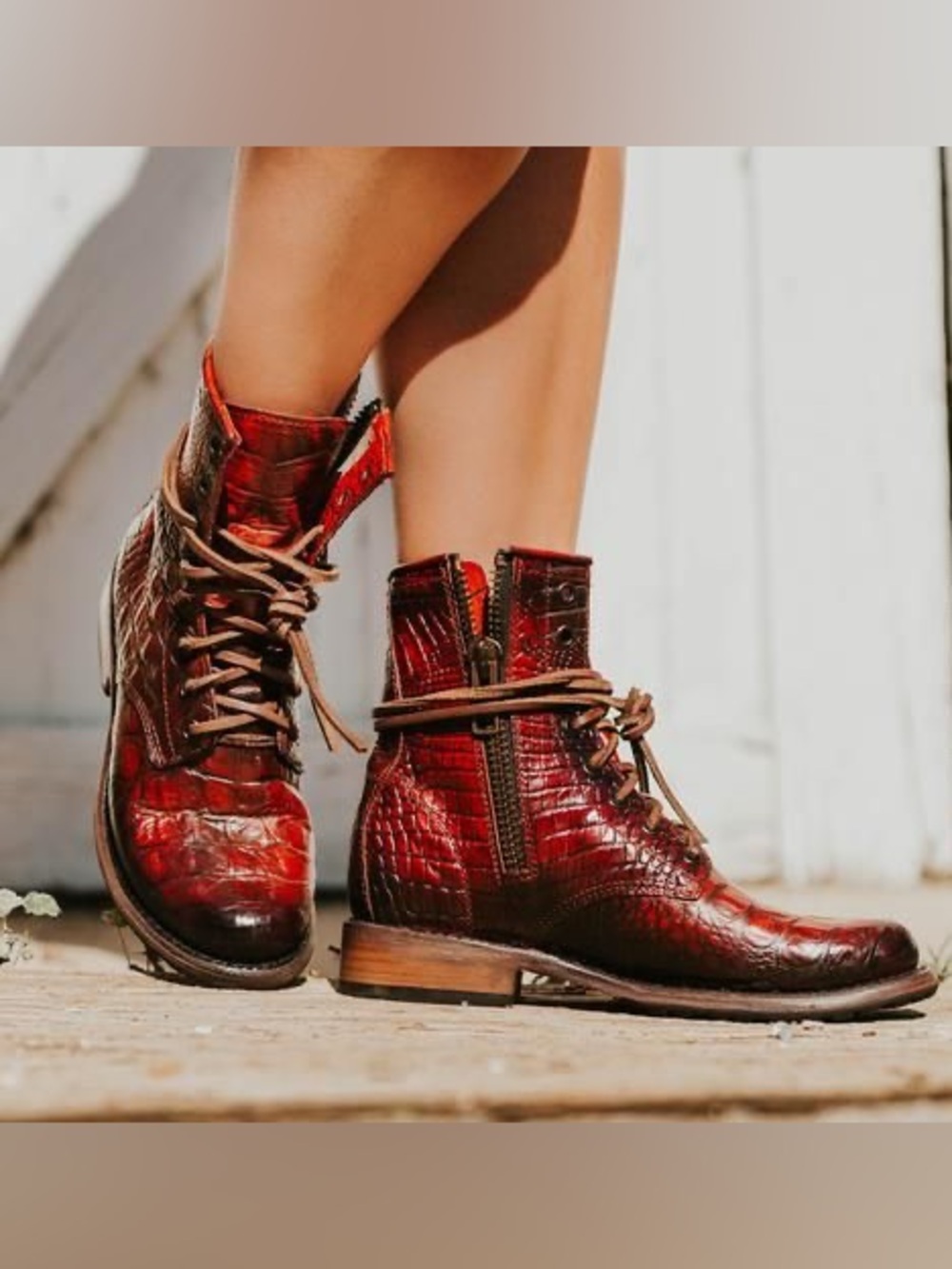 freebird Women's Red Croc-Embossed Leather Lace-Up Boots